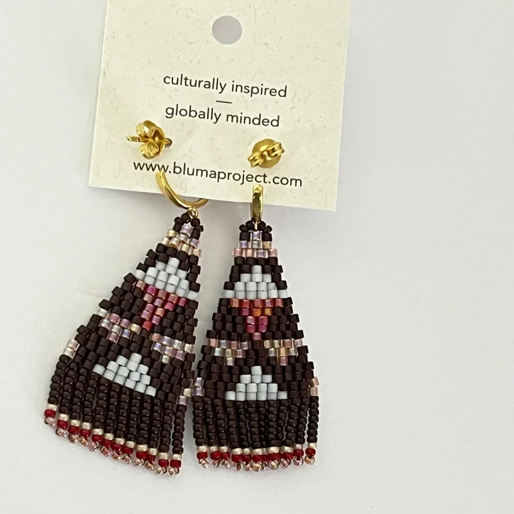 Bluma Project‎ Beaded Fringe Earrings Womens OS Brown Geometric Gold Hoops